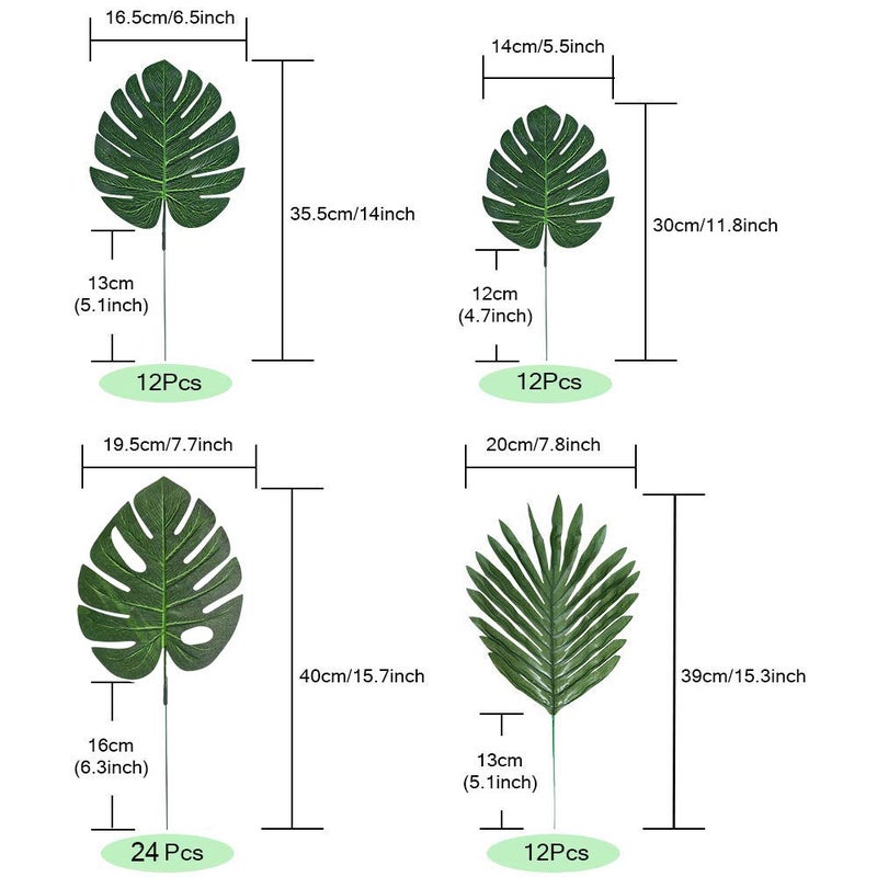 LOMIRO 60 Pieces 4 Kinds Artificial Palm Leaves with Faux Stems Tropical Plant Leaves Monstera Leaves Safari Leaves for Hawaiian Luau Party Jungle Beach Table Leave Decorations - Image 2
